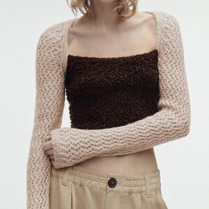 Women's Furry Cropped Knit Sweater Top Square Neck Long Sleeve wool blend